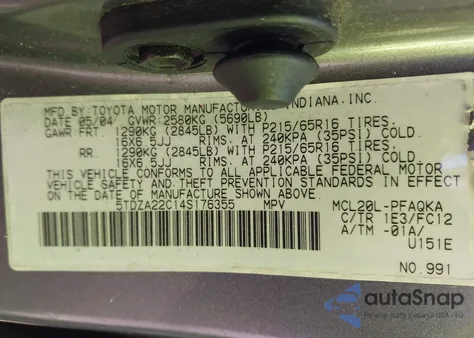 2004 Toyota Sienna Xle/Xle Limited z USA, uszkodzony, nr VIN 5TDZA22C14S176355